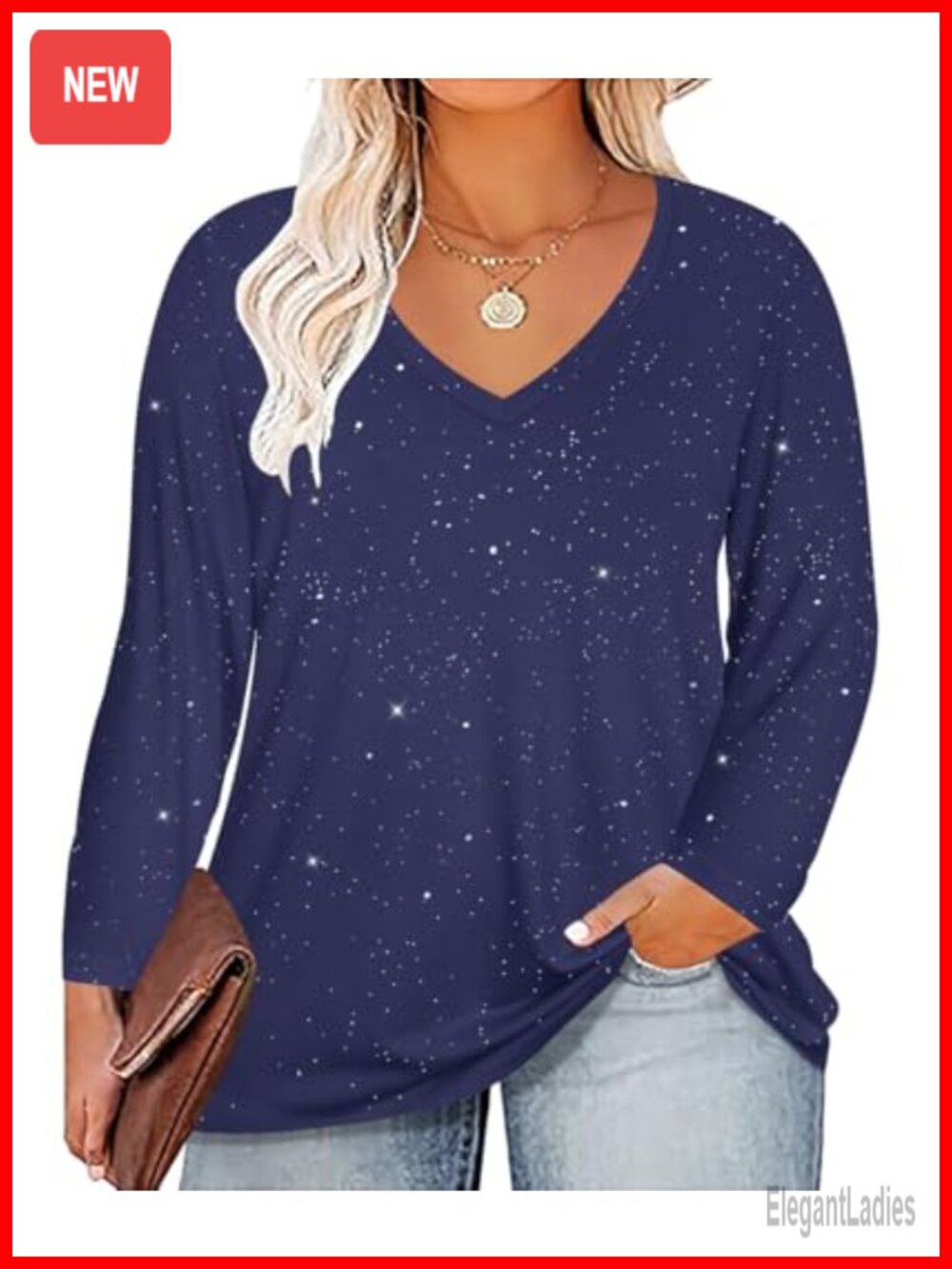 Plus Size V Neck Long Sleeve Sequin Print Tunic Pullover Loose Fit